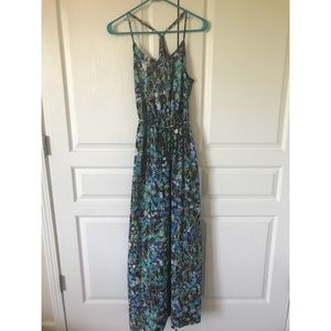 Green floral maxi dress tie waist racerback